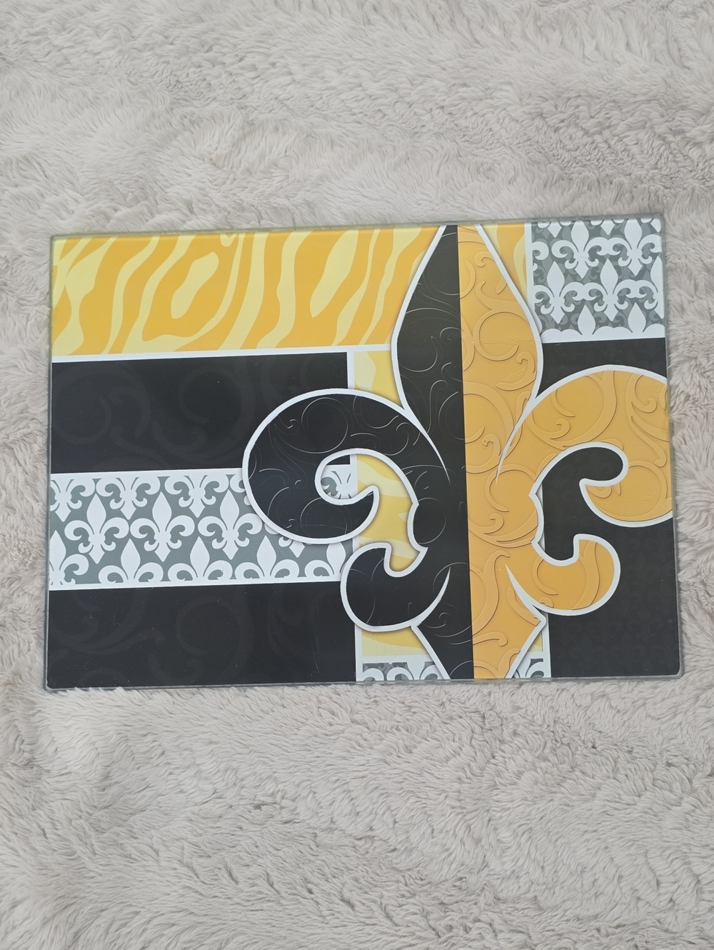 Decorative Fleur de Lis Glass Cutting Board in Yellow, Black & Gray